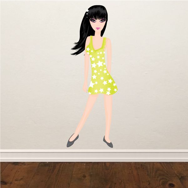 Girl sticker wearing sleeveless green dress with white star pattern and black hair