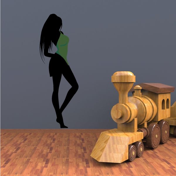 Girl sticker with green top and black silhouette, full-body pose.