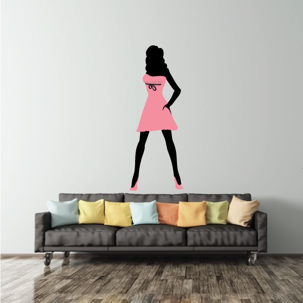 Girl sticker in light pink dress with black hair and boots