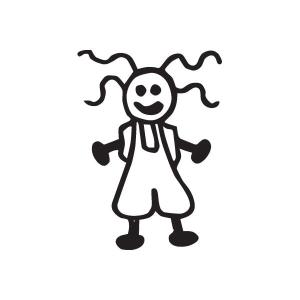 Cartoon girl decal, smiling black-and-white character with bow and arms out