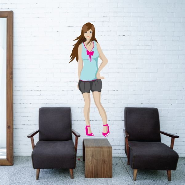 Cartoon girl sticker with aqua top, dark shorts, long brown hair, and pink shoes