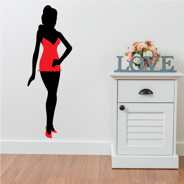 Girl in short red dress sticker, black silhouette with red dress and high heels