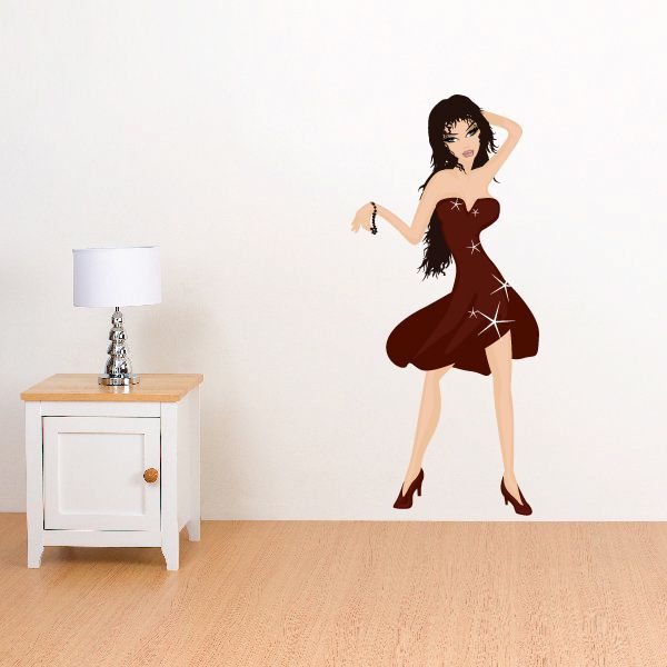Maroon star dress girl sticker with flared skirt and star accents