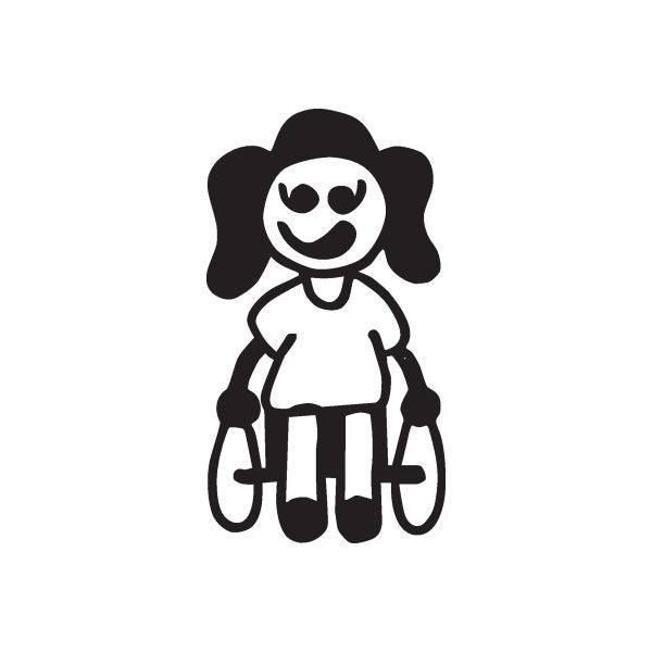 Cartoon girl wheelchair decal, black and white outlined figure with bow