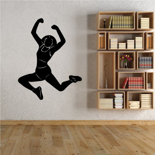Black girl jumping fitness wall decal vinyl, arms raised in midair silhouette