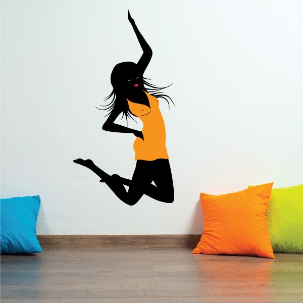 Girl jumping sticker with orange dress and black hair silhouette