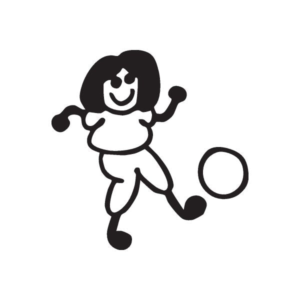 Girl kicking ball decal, black silhouette with white outline and soccer ball