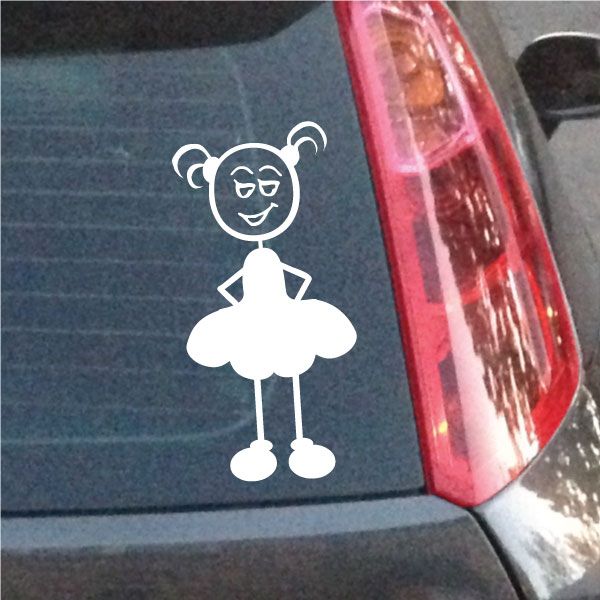 White cartoon girl dress decal sticker, hands behind back, mischievous face