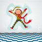 Snow angel girl wall decal, cartoon child with red scarf, gloves, and arms spread