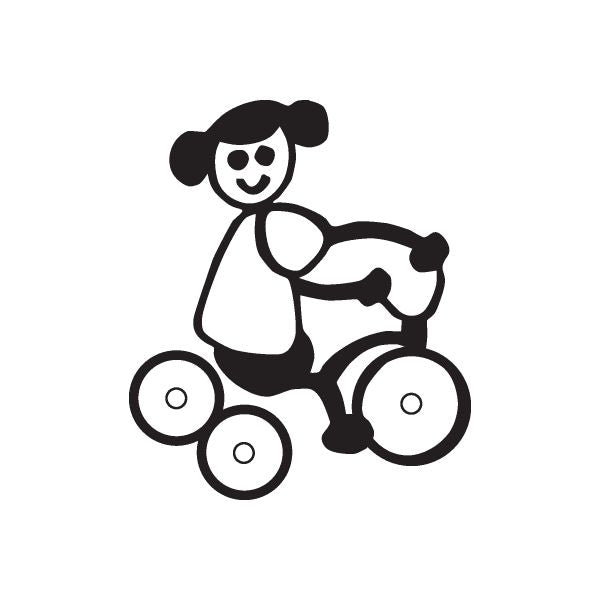 Girl on tricycle decal with black outline and white interior details