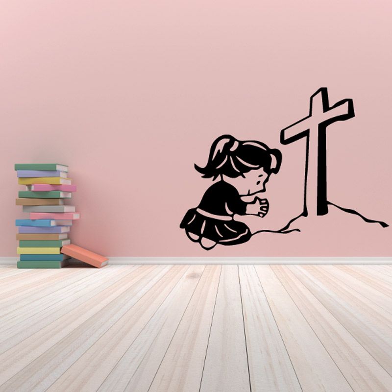 Praying girl wall decal with a raised cross and flowing hill outline