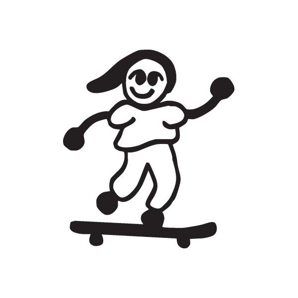Skateboard girl decal, black and white cartoon figure riding a board