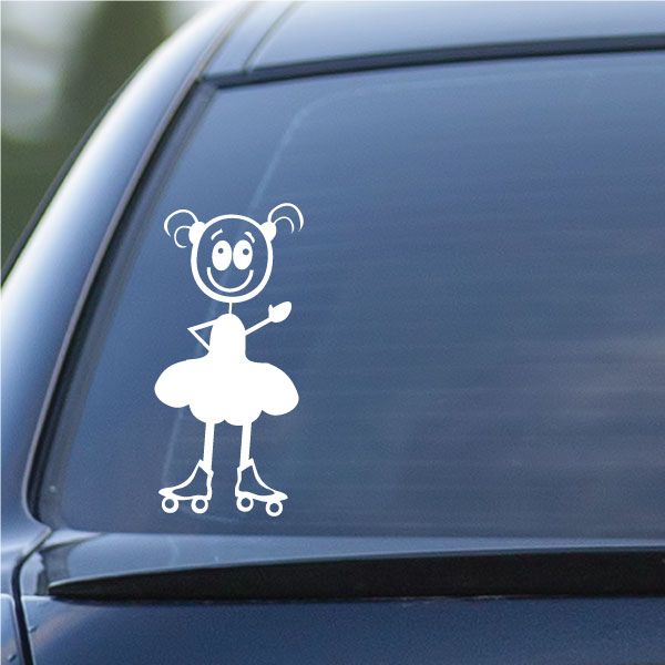 Girl skating decal sticker, cartoon girl on roller skates, white outline