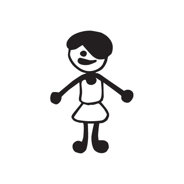 Smiling girl vinyl decal, black hair and dress with arms out, simple cartoon style