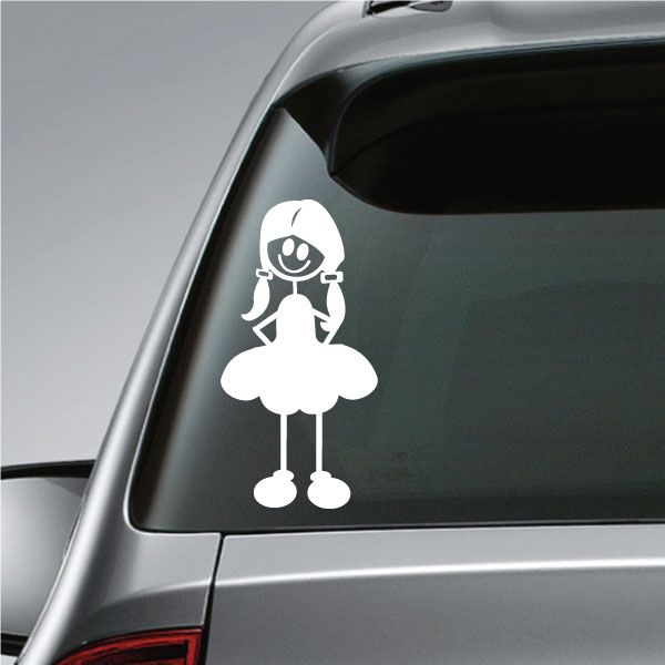 White girl car window decal with long pigtails, hands behind back, smiling ballerina pose