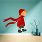 Walking girl die-cut decal in red dress, orange hair, black boots