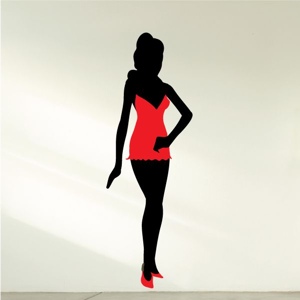 Girl silhouette sticker with red bodysuit, tights, and high heels