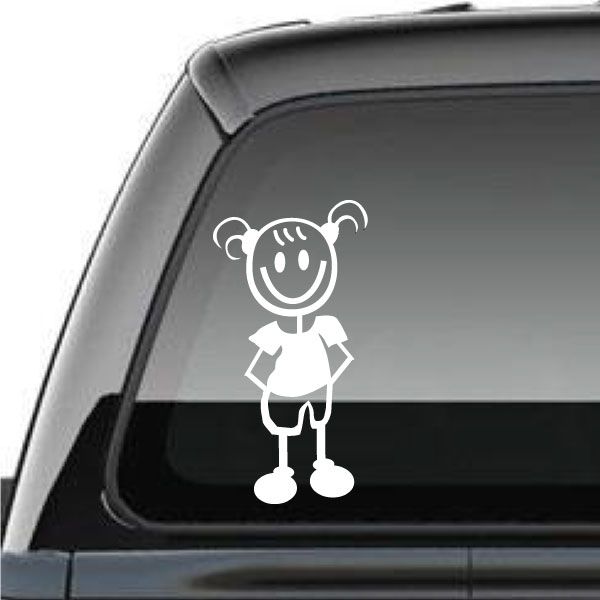 Cartoon girl decal with big smile and hands behind her clothes
