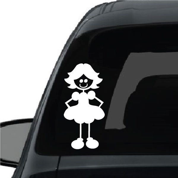 Girl decal with curled hair, arms behind dress, white cartoon figure on dark surface