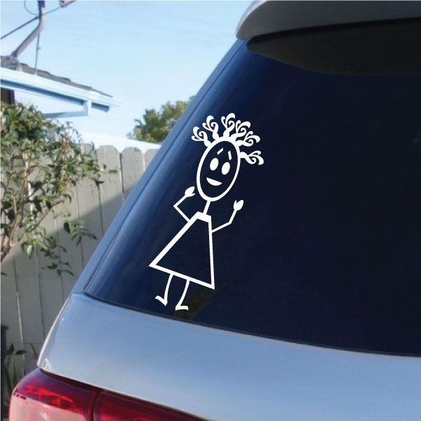 Girl with curly hair hands-out decal, white outline on dark surface