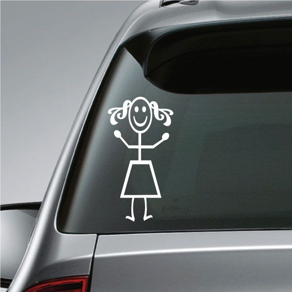 White line-art girl with curly hair decal on dark car window