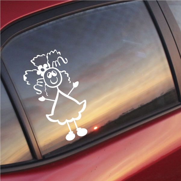 White cartoon girl decal with arms out and frizzy hair