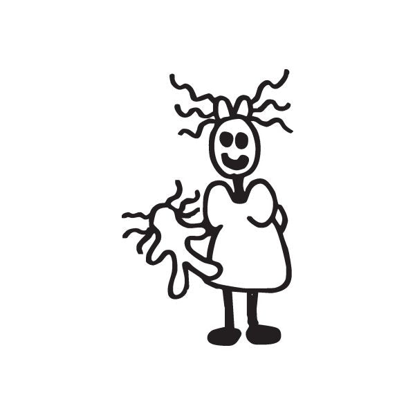 Girl doll decal with wavy frazzled hair, long white dress, black shoes.