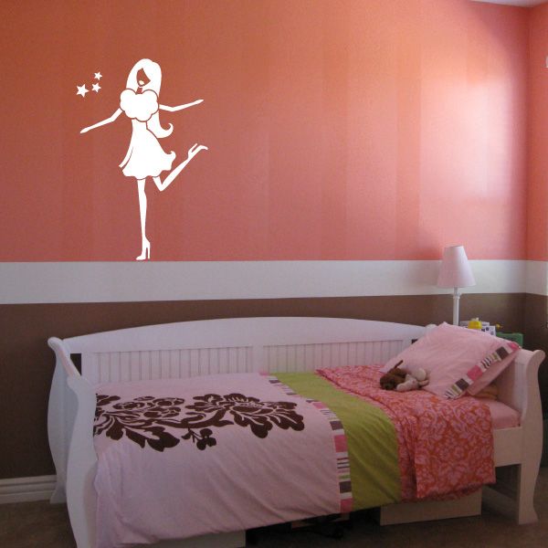 Girl with leg up wall decal, white silhouette with stars and ballet pose