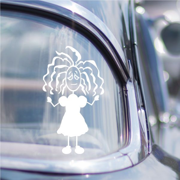 Girl frowning decal with long curly hair and dress silhouette on a window