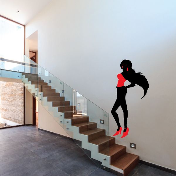 Girl silhouette wall sticker with long hair and red accent, full-body standing pose