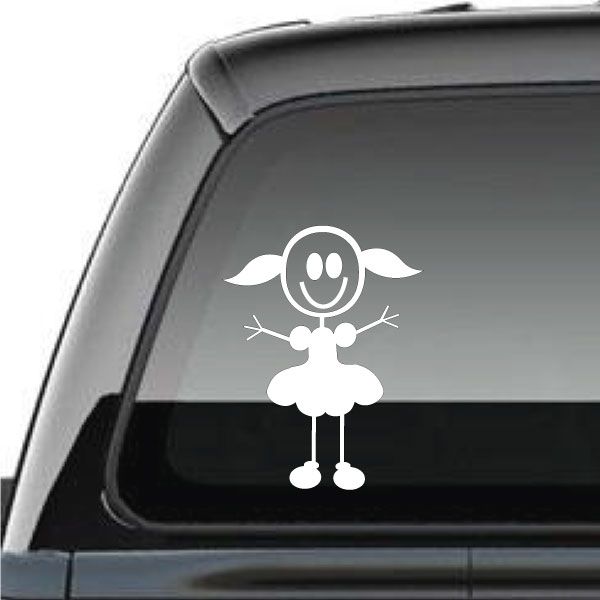Girl pigtail dress car decal, white cartoon figure with long pigtails and dress
