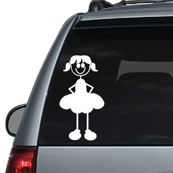 Car window decal of a girl with pigtails, hands behind, in a dress silhouette
