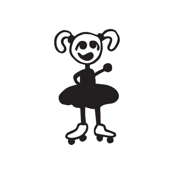 Cartoon girl decal with pigtails, waving left arm, bold black outline