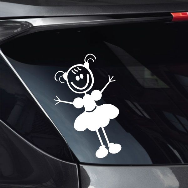 Girl with small pigtail hair car window decal, white cartoon figure holding wand