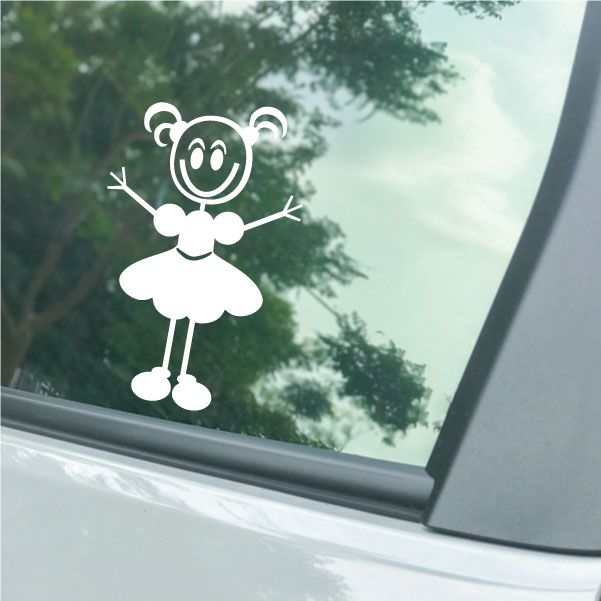 White cartoon girl decal with small pigtails, arms out, bow tie
