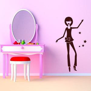 Star girl wall decal silhouette with raised arms and small star accents