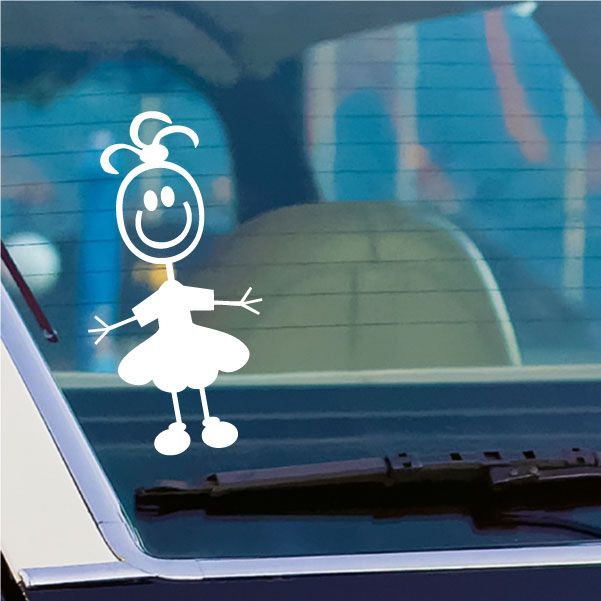 White girl decal with tied curls, arms out, and dress silhouette