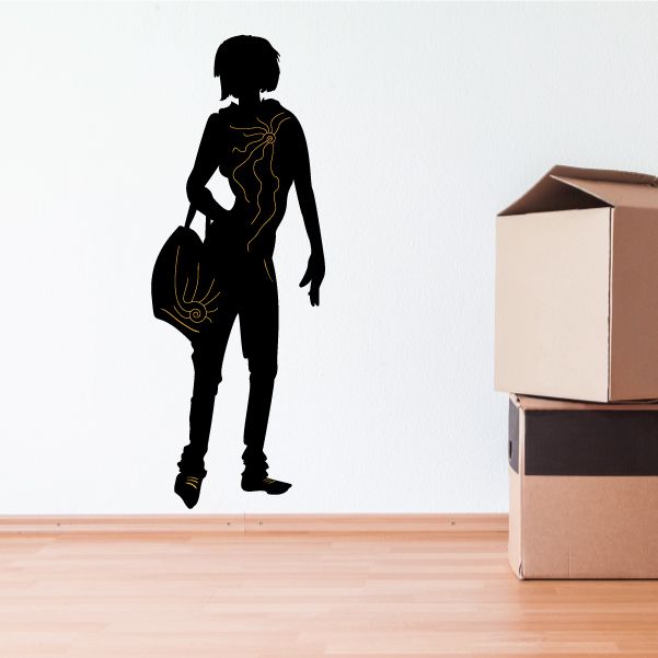 Tribal girl sticker, black silhouette with gold-line details and guitar-like shape.
