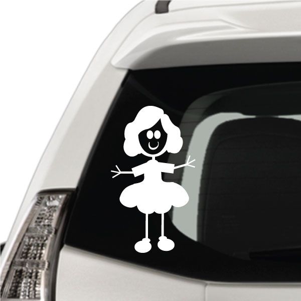 White girl arms-out decal with wavy hair, skirt, and dangling legs