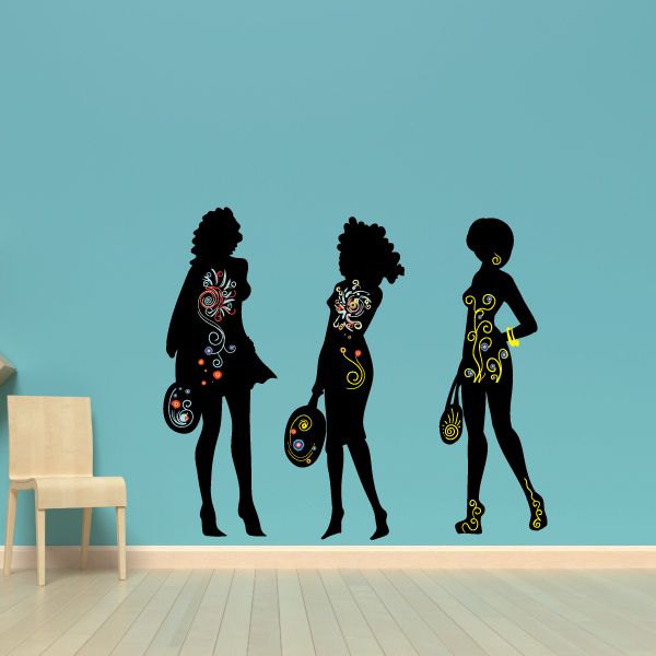 Girls holding purse sticker set, black silhouettes with colorful purse designs