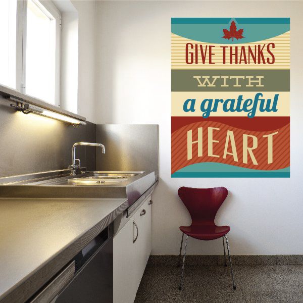 Striped rectangle sticker with 'Give thanks with a grateful heart' lettering