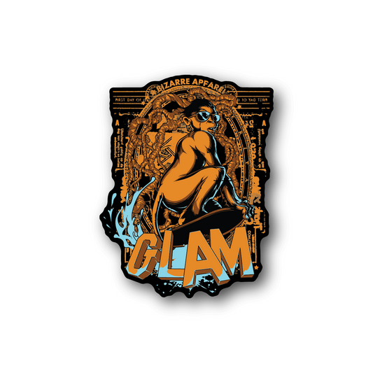 Vinyl sticker with illustrated monkey-like character, blue eyes, and bold 'GLAM' text