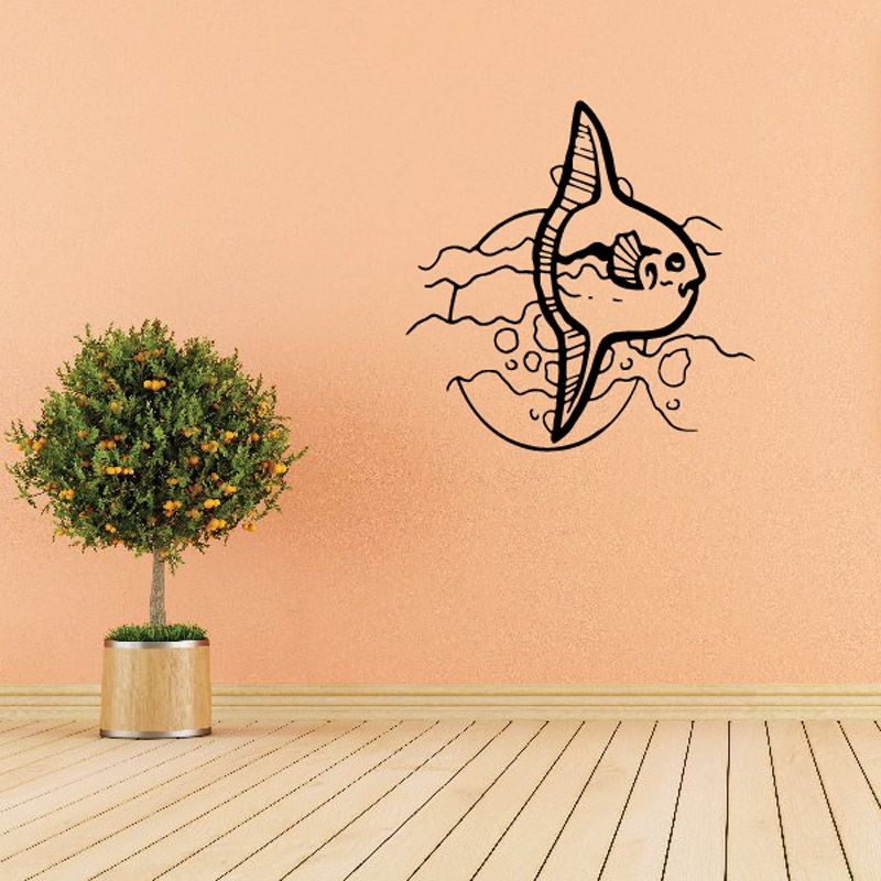 Gliding fish and moon wall decal, black line art with small star dots