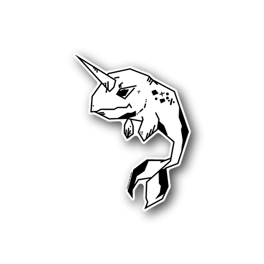 Gnar whale vinyl sticker, white outline with black fill and small dots