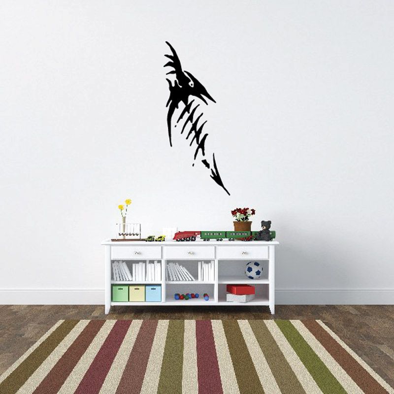 Fish skeleton wall decal, black spiky silhouette with curved body
