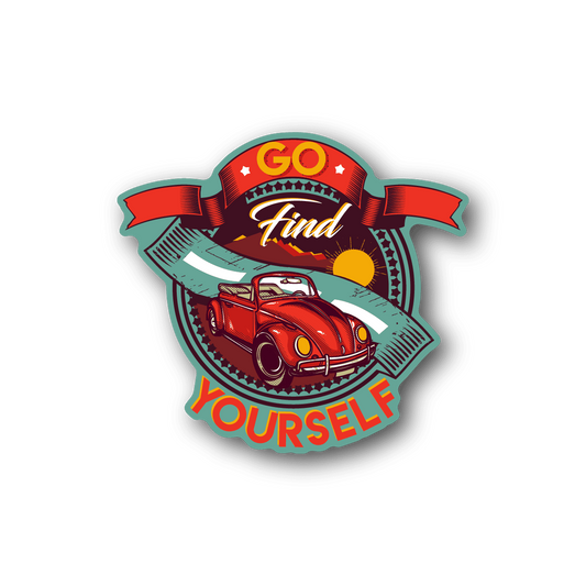 Vinyl sticker with cartoon car and "Go Find Yourself" text