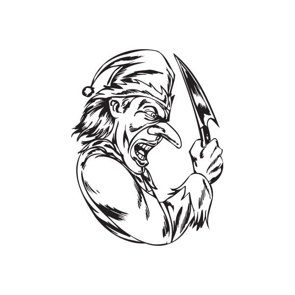 Goblin jester decal showing goblin with jester cap and raised knife, black-and-white