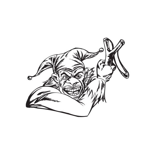Goblin jester slingshot decal, black-and-white line art