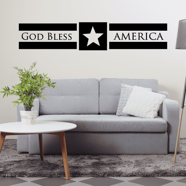 God Bless America wall decal with black banner text and white star