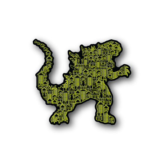 Godzilla building collage vinyl sticker, neon yellow-green silhouette
